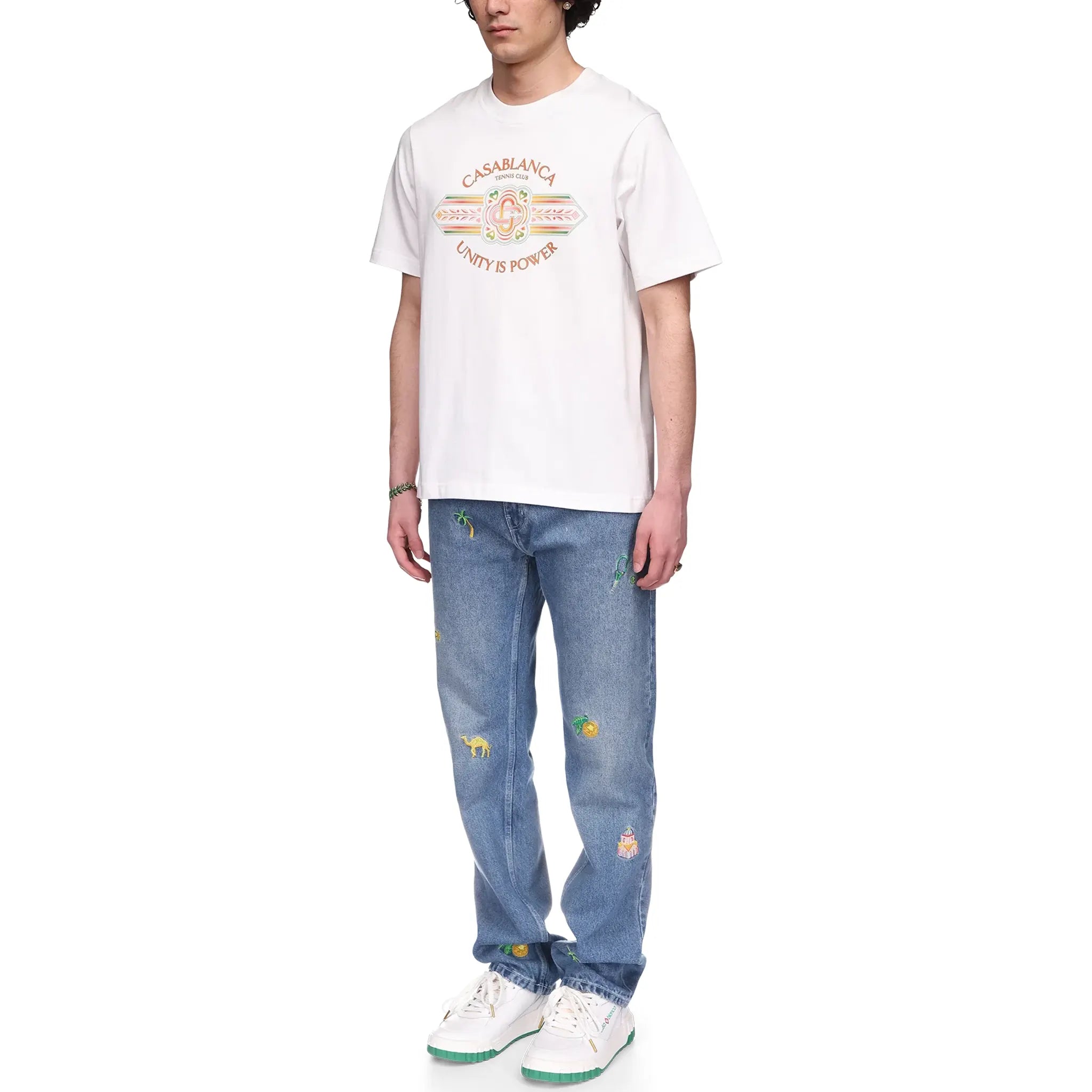 Front Side view of Casablanca Unity Is Power White T Shirt MS24-JTS-001-12